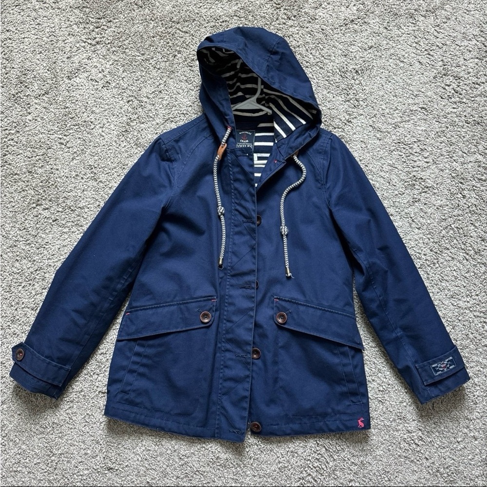 Joules navy blue hooded rain jacket with striped lining size 6